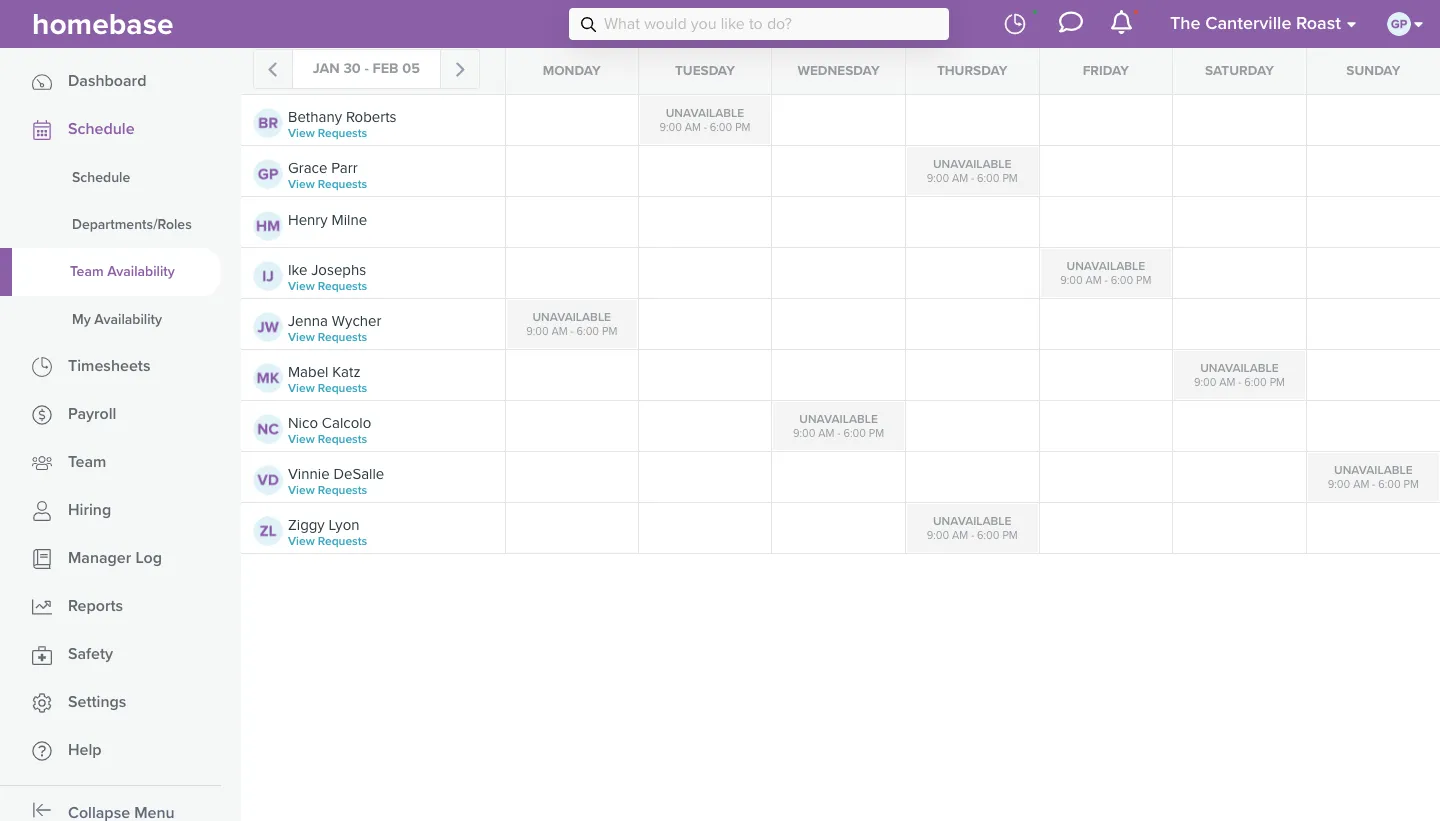 A screenshot of the Homebase availability feature.