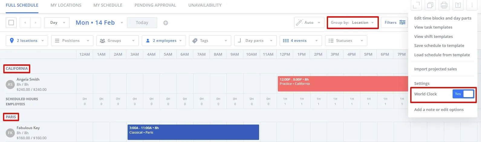 Screenshot of a schedule on Sling showing different time zones.