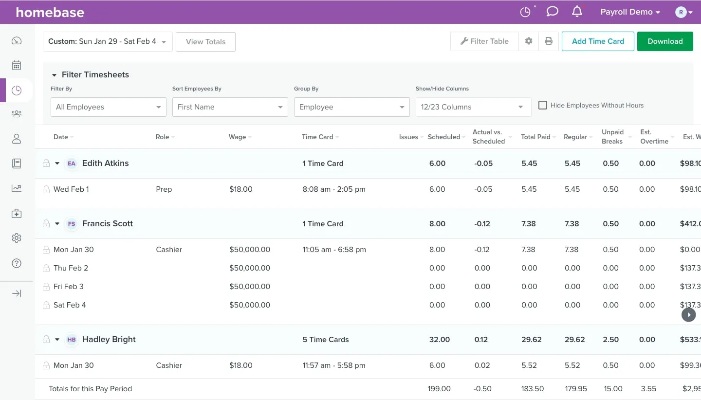 A screenshot of Homebase timesheets.