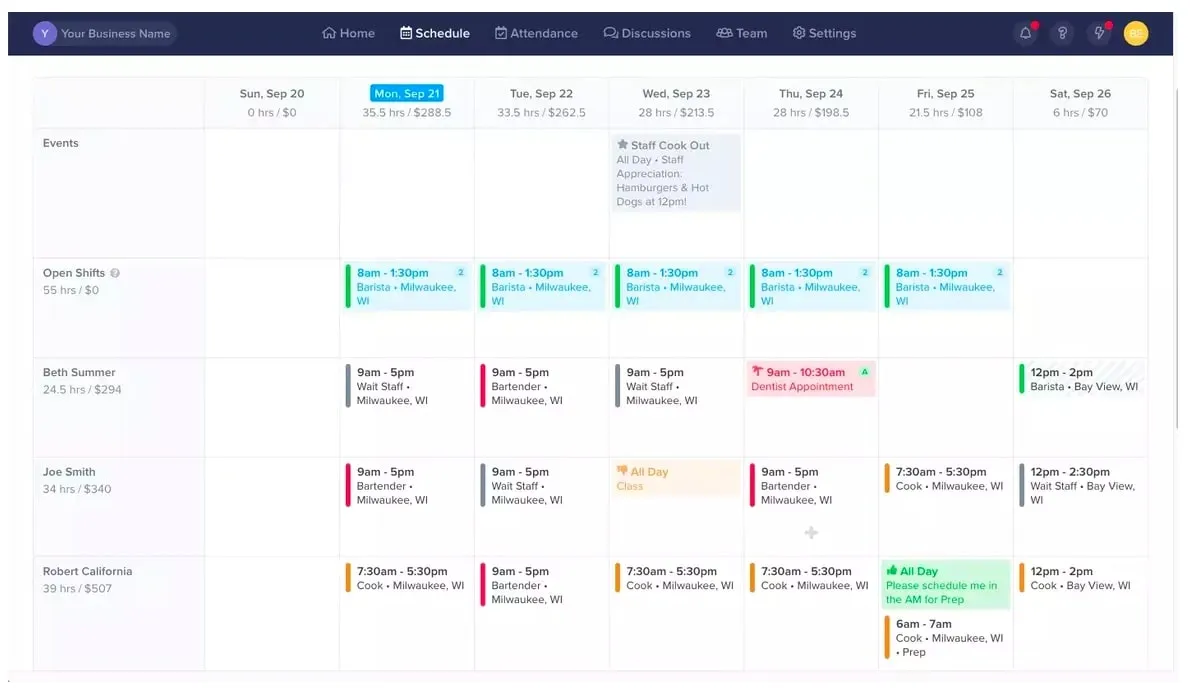 A screenshot of a ZoomShift schedule.