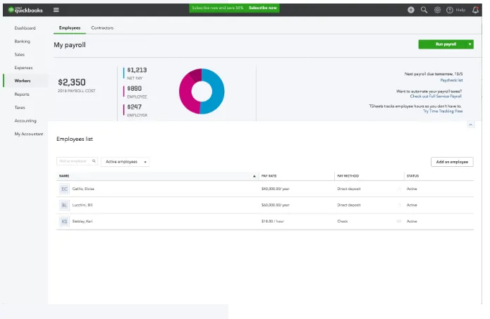 A screenshot of QuickBooks' payroll interface.