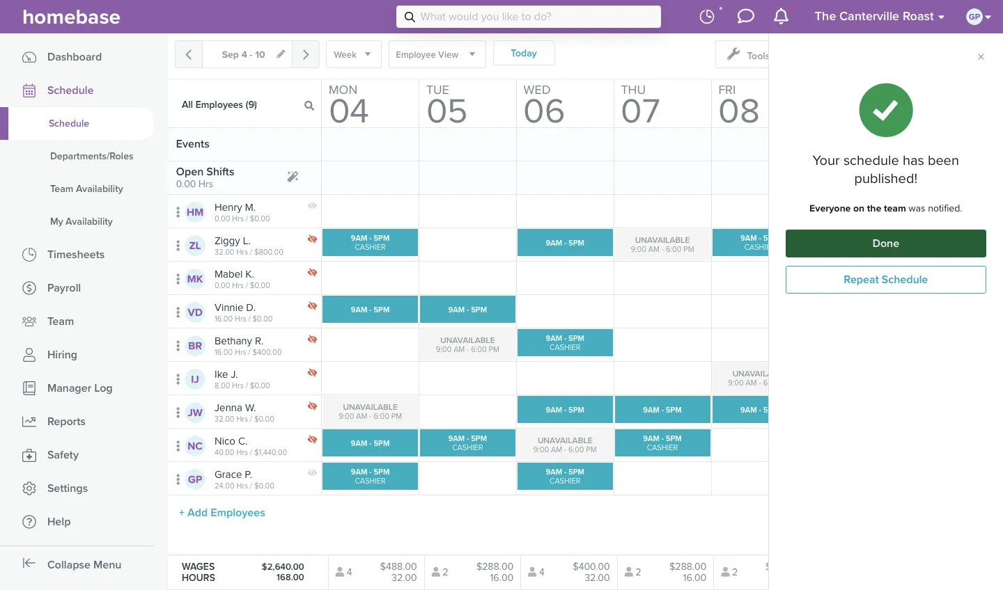 A screenshot of a published schedule.