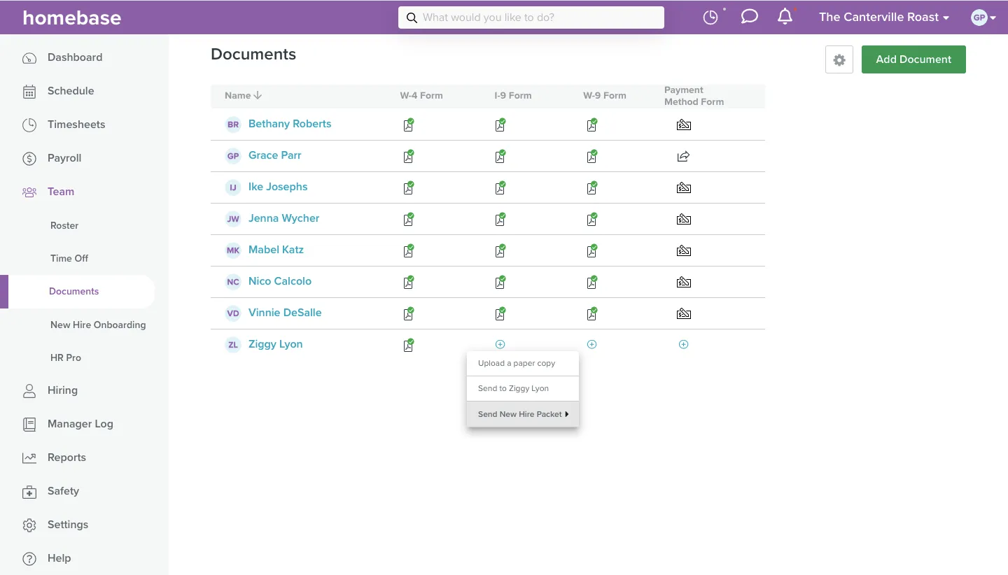 Screenshot of a user adding a new hire to the document manager.