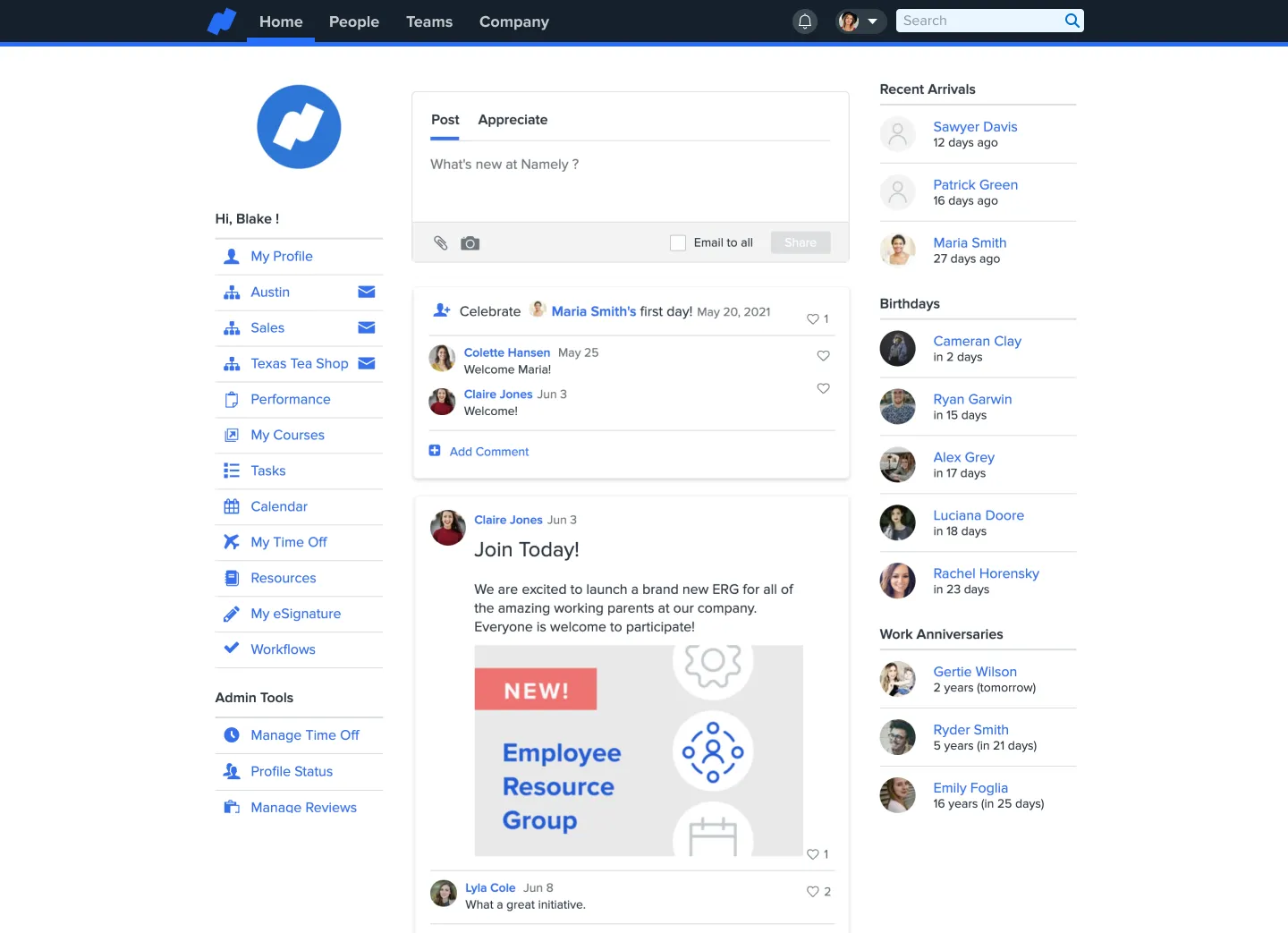 A screenshot of the Namely dashboard.