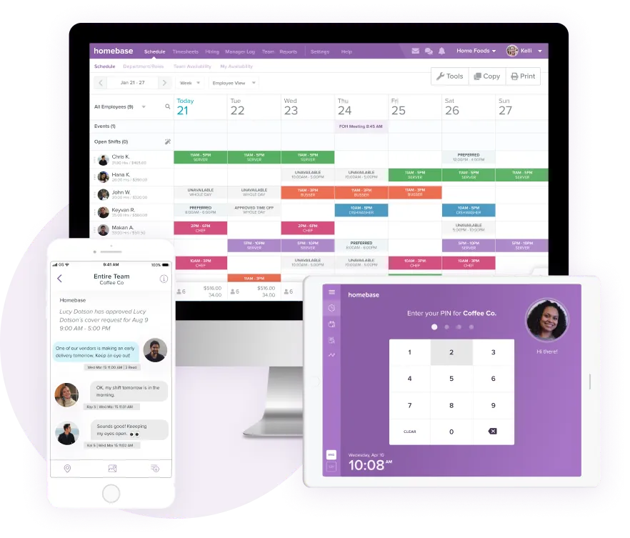 Homebase displaying its wide range of tools, including scheduling, time tracking, and team communication.