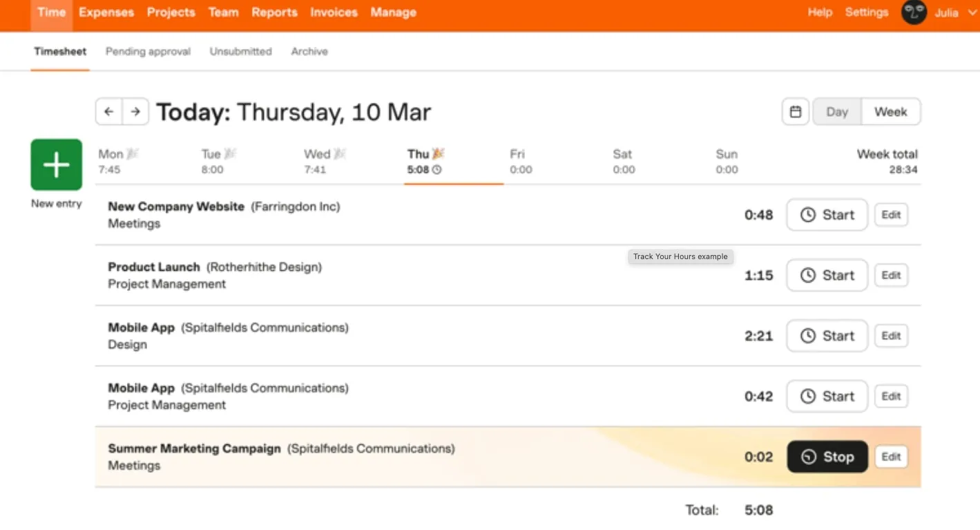 A screenshot of Harvest's time tracking interface.