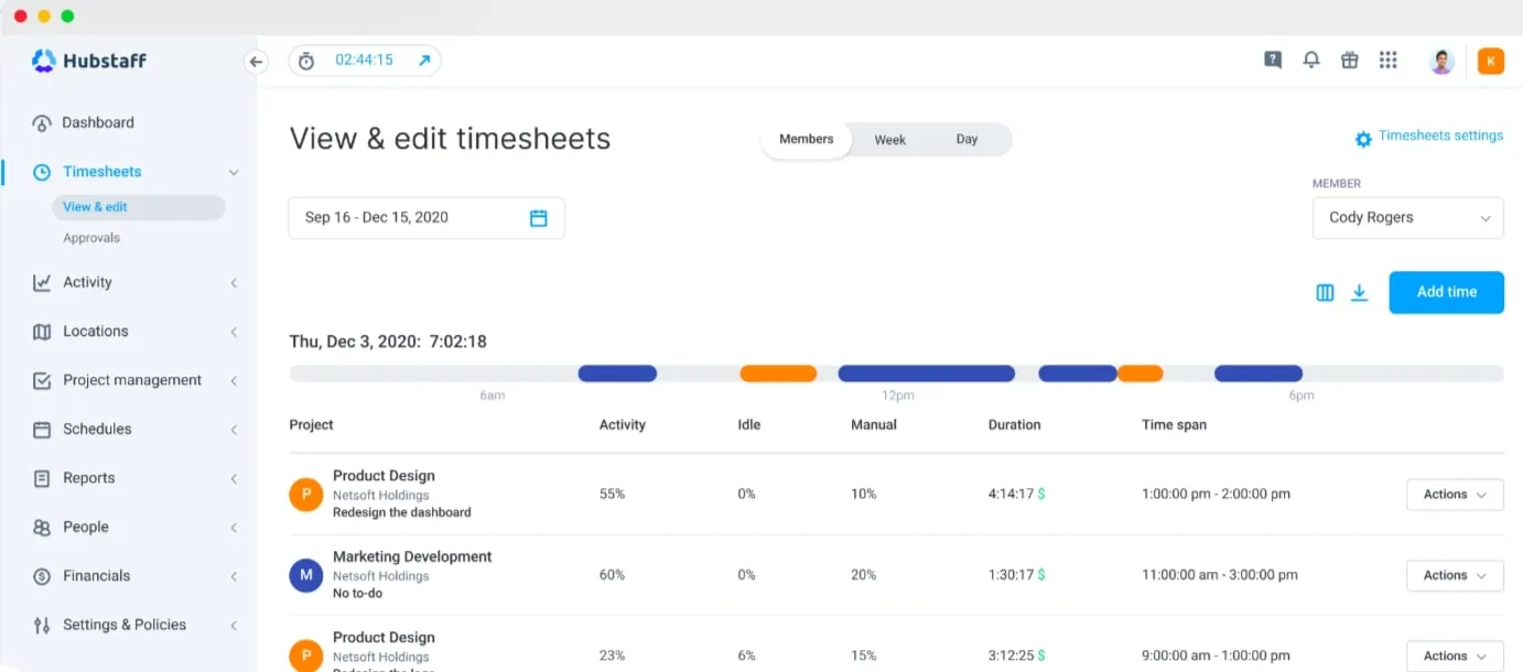A screenshot of Hubstaff's employee monitoring tool.