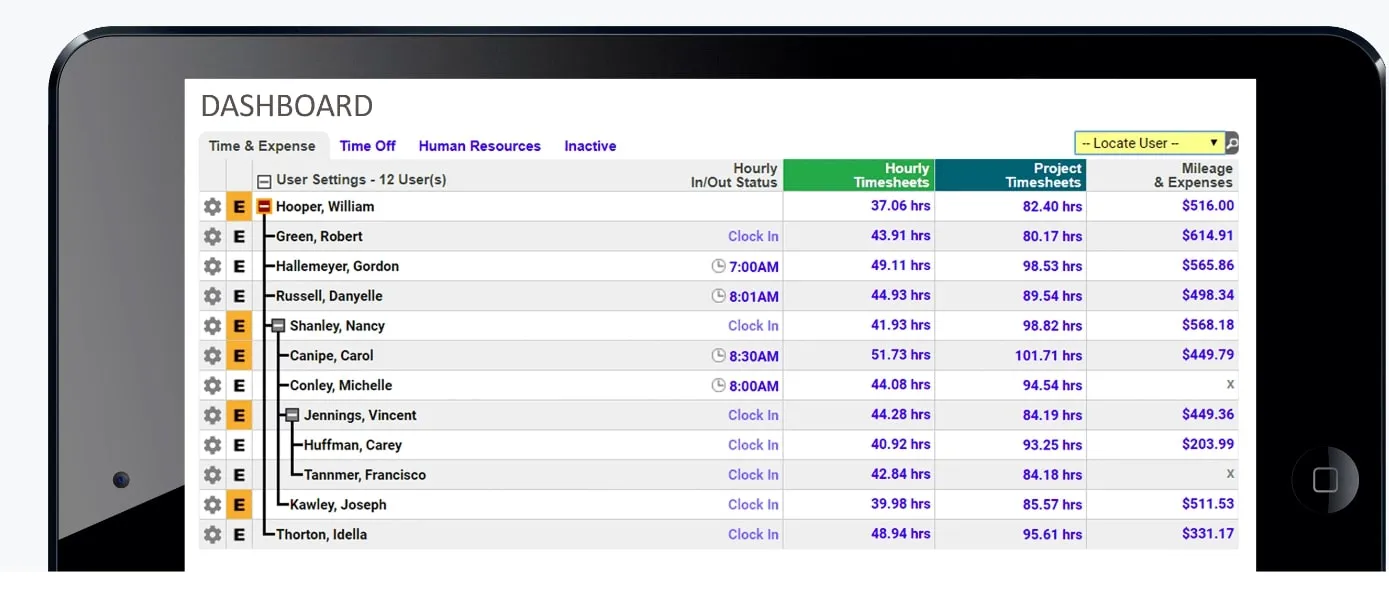 A screenshot of Timesheets.com's mobile dashboard.