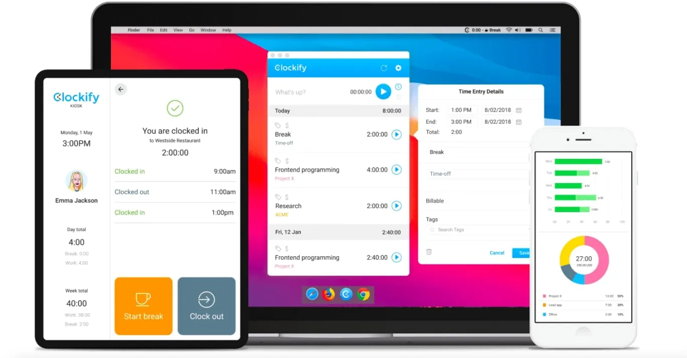 A screenshot of Clockify's clock in tool for multiple devices.