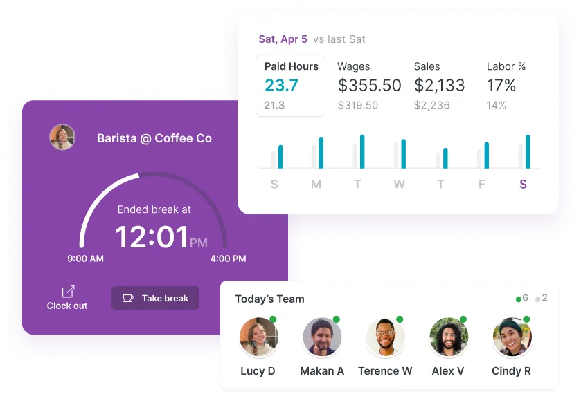 A graphic that shows different views of Homebase's time clock interface.
