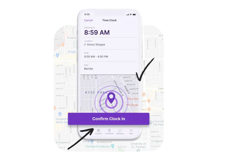 A screenshot of the Homebase time tracking tool on a smartphone screen.