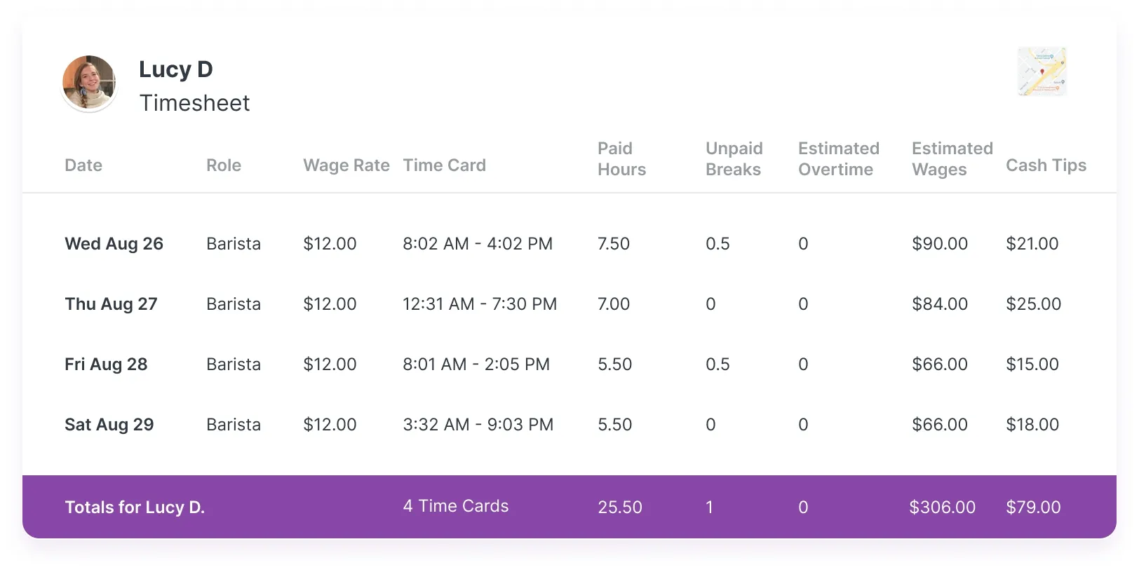 screenshot of Homebase timesheets