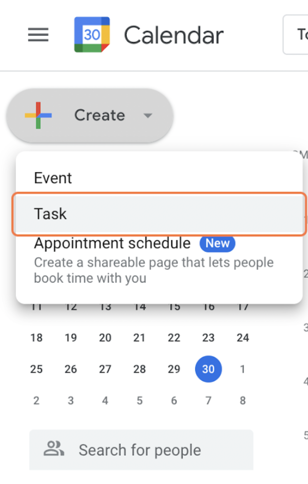 Interacting with the task creation feature in Google Calendar