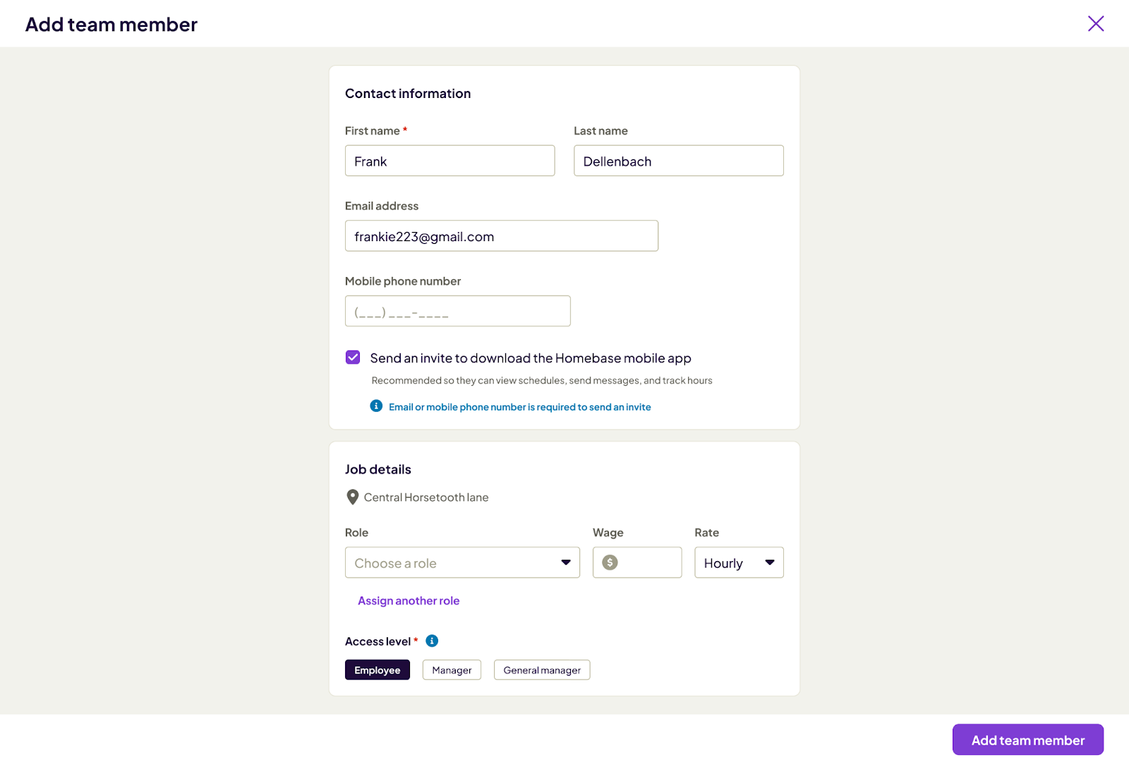 Add team member contact details to Homebase schedule maker