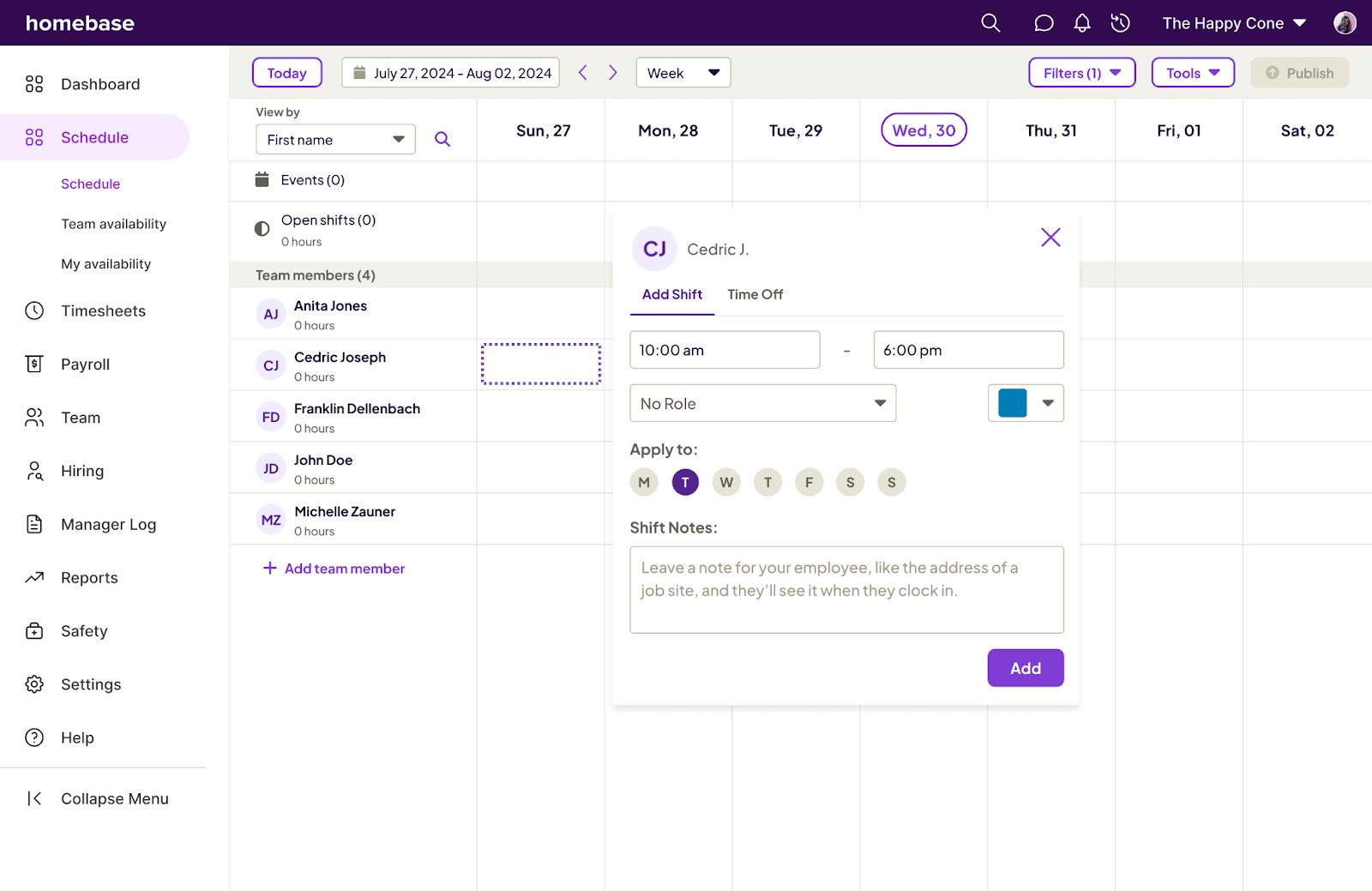 How to add a shift in Homebase 