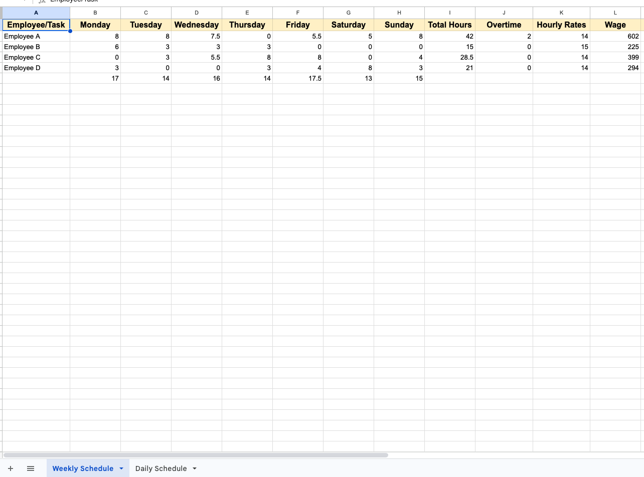 Google sheet weekly schedule template example.