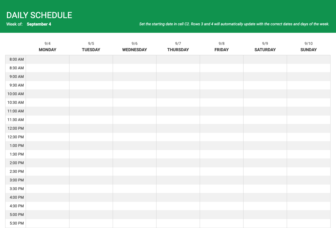Google sheet daily schedule template.