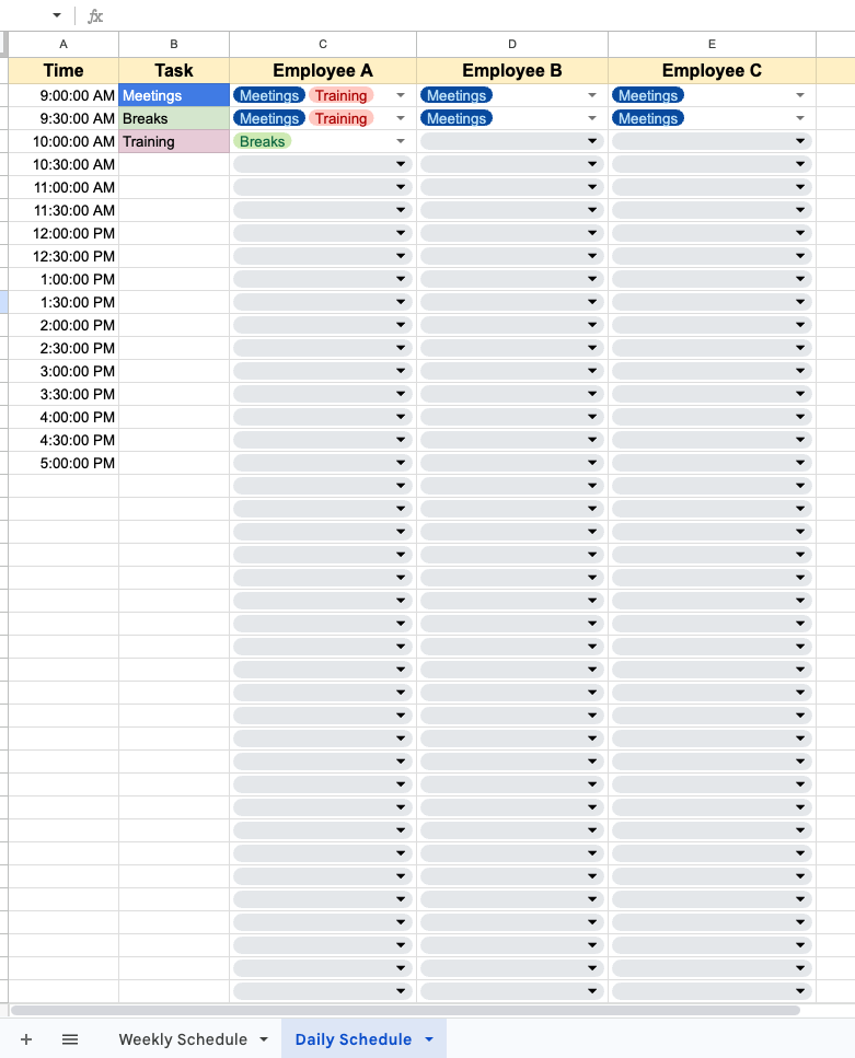 Google sheet daily schedule template example.