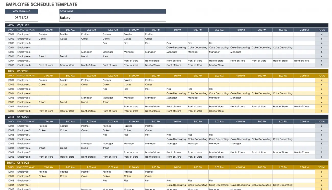 Example of a Google Sheet weekly schedule template by Smartsheet.