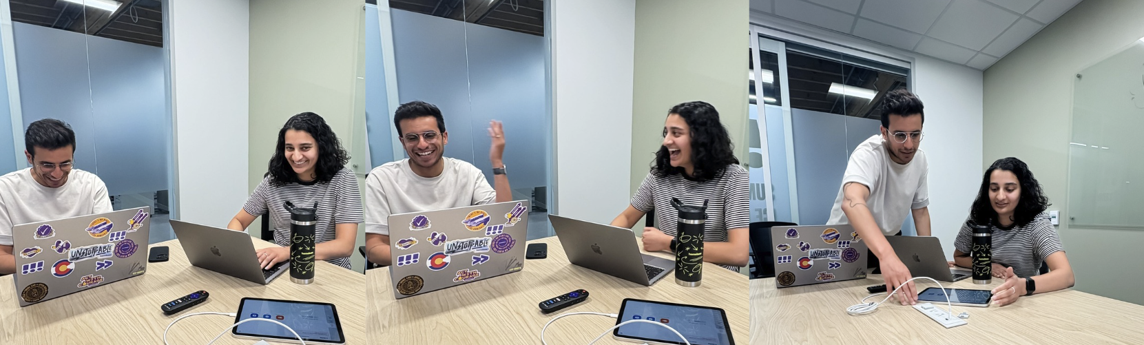 Two Homebase employees, Dana and Fadi, working away on Hiring Assistant in the Homebase office.