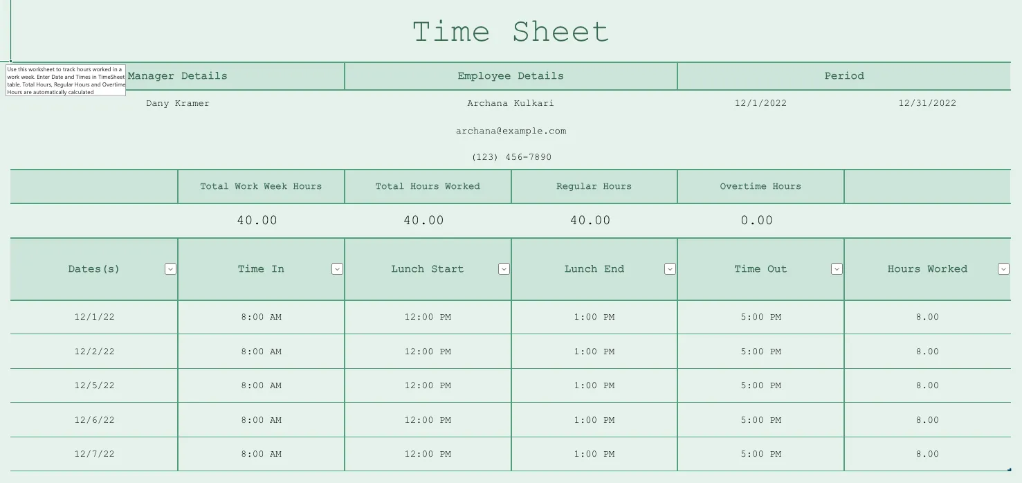 example of a basic weekly time sheet in excel