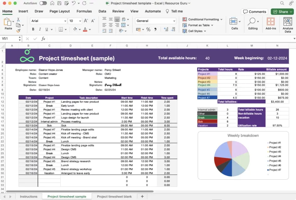 Project-based time tracking spreadsheet example