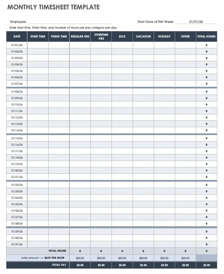 Monthly timesheet template example