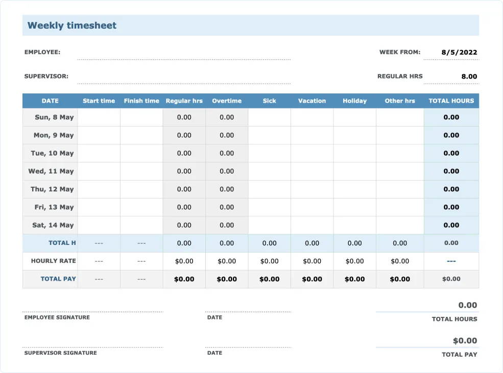 example of weekly timesheet template by Myhours