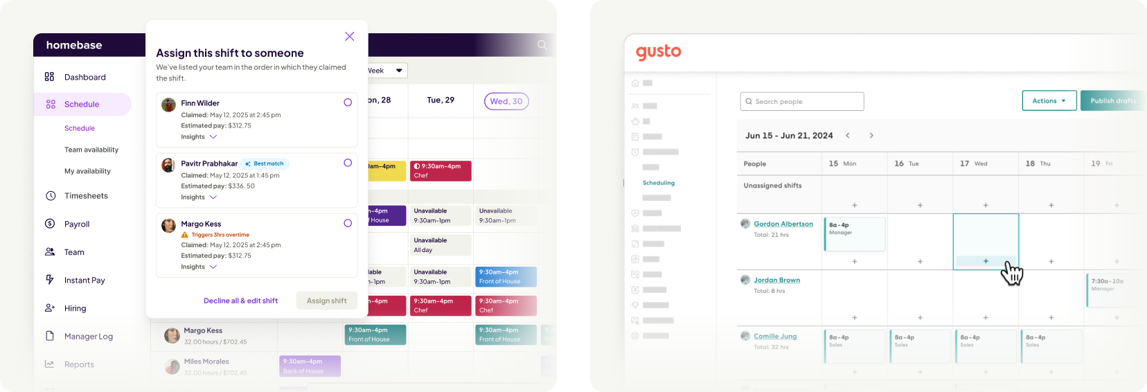 Homebase and Gusto scheduling interface with shift assignment and weekly calendar view
