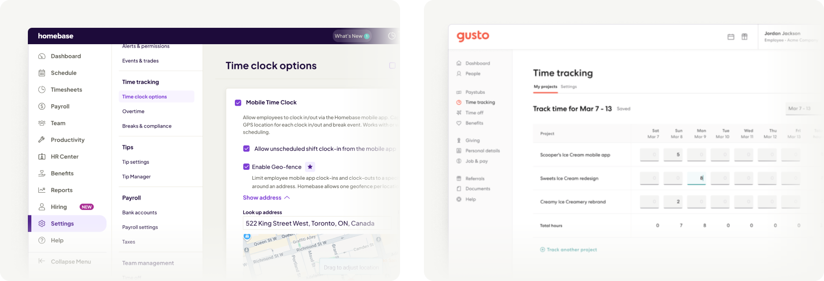 Homebase and Gusto time clock with GPS geofencing and time tracking for employees