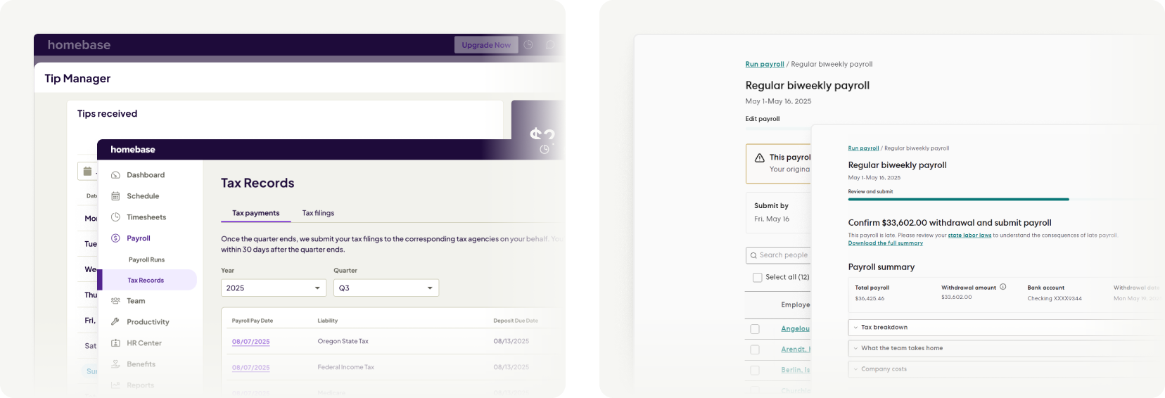 Homebase and Gusto payroll dashboard showing tip management and biweekly payroll processing