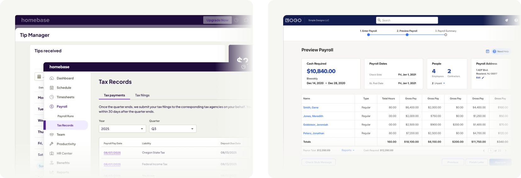 Homebase tip manager and quarterly tax records compared to ADP payroll preview dashboard