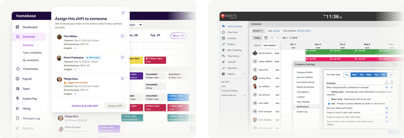 Homebase shift assignment interface compared to QuickBooks Time team scheduling and notifications