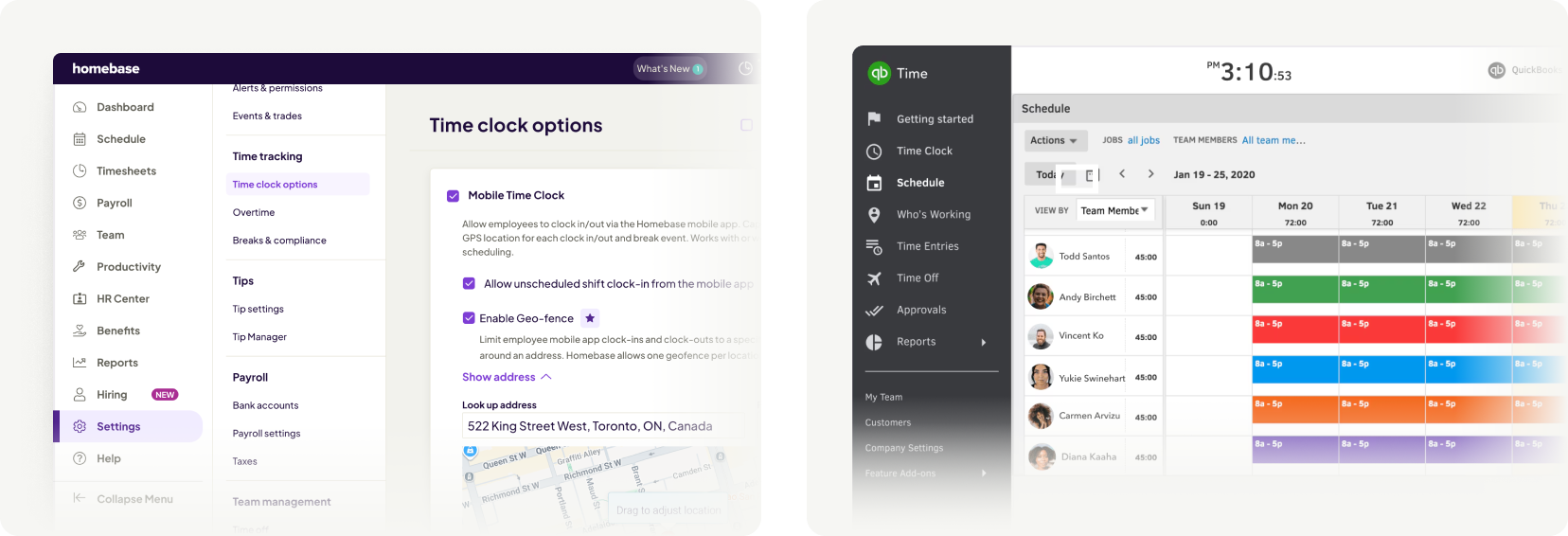 Homebase mobile time clock with GPS geofencing compared to QuickBooks Time weekly schedule view