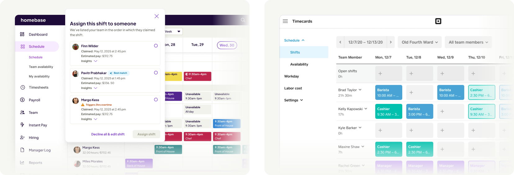 Homebase shift assignment interface compared to Square Timecards weekly schedule and labor cost tracking