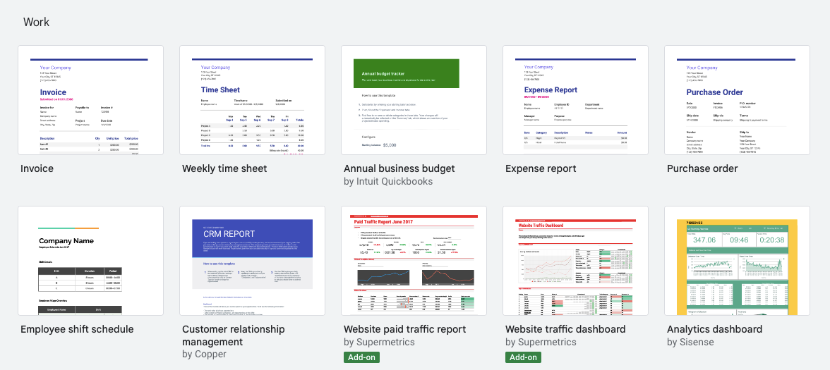 Click “New,” hover over the arrow next to “Google Sheets,” and choose “From a template.”