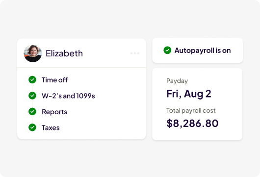 Dashboard showing Elizabeth’s payroll tasks: Time off, W-2s and 1099s, Reports, Taxes. Autopayroll is on. Payday is Friday, August 2nd. Total payroll cost: $8,286.80.