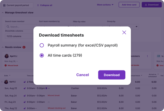 A pop-up window on a timesheet management software interface presents download options for "Payroll summary" or "All time cards (279)." "Download" and "Cancel" buttons are visible.