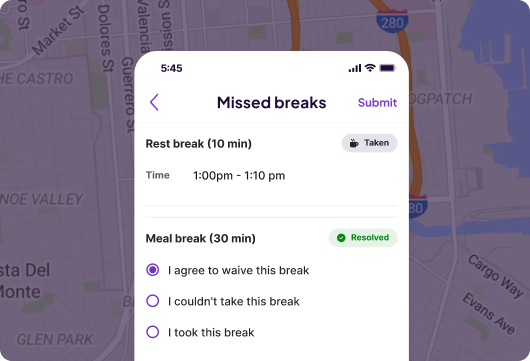 A mobile app screen displays "Missed breaks" with options for a rest break at 1:00pm marked as taken, and a meal break, marked resolved, with options to choose.