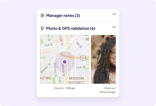 "Interface showing a GPS location on a map, alongside a partial image of a smiling woman. Header reads 'Photo & GPS validation (6)'."
