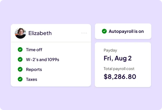 A payroll summary shows completed tasks with green checkmarks, including time off, W-2s, reports, and taxes. Autopayroll is active, with payday on Friday, August 2, and a total payroll cost of $8,286.80. 