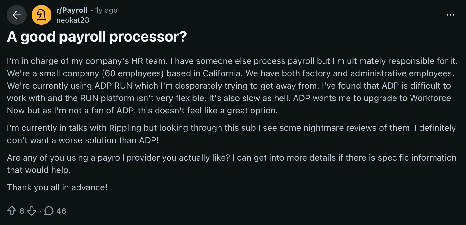 A discussion about payroll processors on r/payroll
