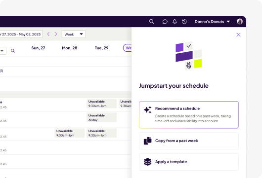 A Homebase scheduling dashboard showing a weekly view with a "Jumpstart your schedule" panel offering options to recommend a schedule, copy from a past week, or apply a template.
