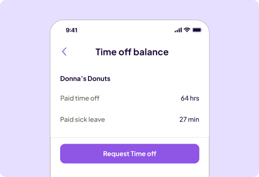 A mobile app screen showing a "Time off balance" page for Donna's Donuts, displaying 64 hours of paid time off and 27 minutes of paid sick leave, with a "Request Time Off" button.