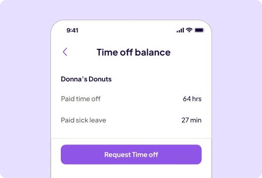 A mobile app screen showing a "Time off balance" page for Donna's Donuts, displaying 64 hours of paid time off and 27 minutes of paid sick leave, with a "Request Time Off" button.