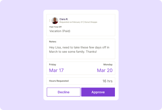 A Homebase time-off request card from an employee named Clara R. for a paid vacation from March 17–20 for 16 hours, with a personal note to her manager and Decline/Approve buttons.