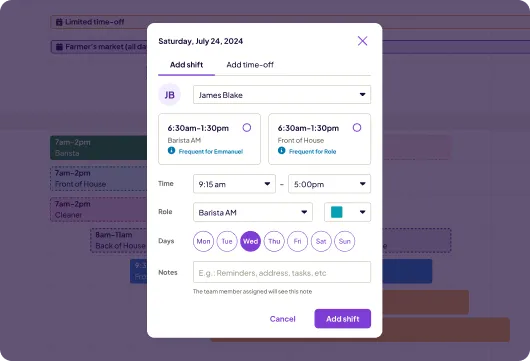 A Homebase "Add shift" modal for Saturday, July 24, 2024, showing AI-suggested shifts for James Blake — including a Barista AM and Front of House option both marked as frequent for the role — with fields for time, role, days, and notes.