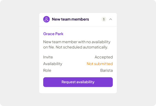 A Homebase new team member card for Grace Park showing her invite was accepted but availability not yet submitted, her role as Barista, and a "Request availability" button.
