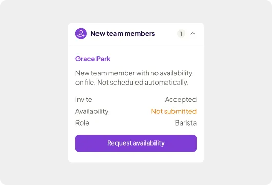 A Homebase new team member card for Grace Park showing her invite was accepted but availability not yet submitted, her role as Barista, and a "Request availability" button.