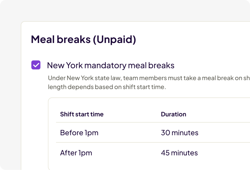 Homebase break management dashboard displaying New York state meal break compliance rules, with a table showing 30-minute breaks for shifts starting before 1pm and 45-minute breaks for shifts starting after 1pm